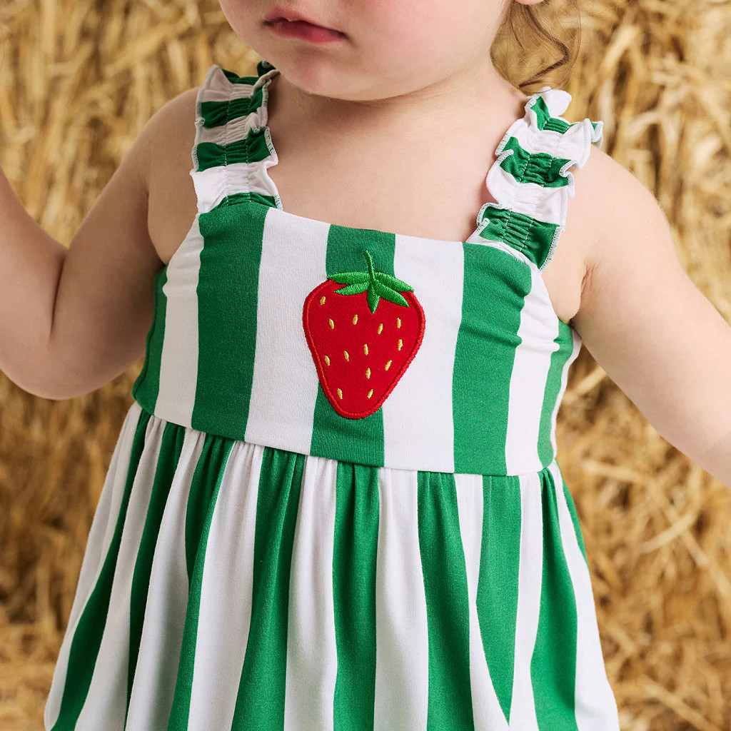 Stripes Green Daywear Strawberry Stripe Ruffled Bubble Romper | Posh Peanut® | Posh Peanut