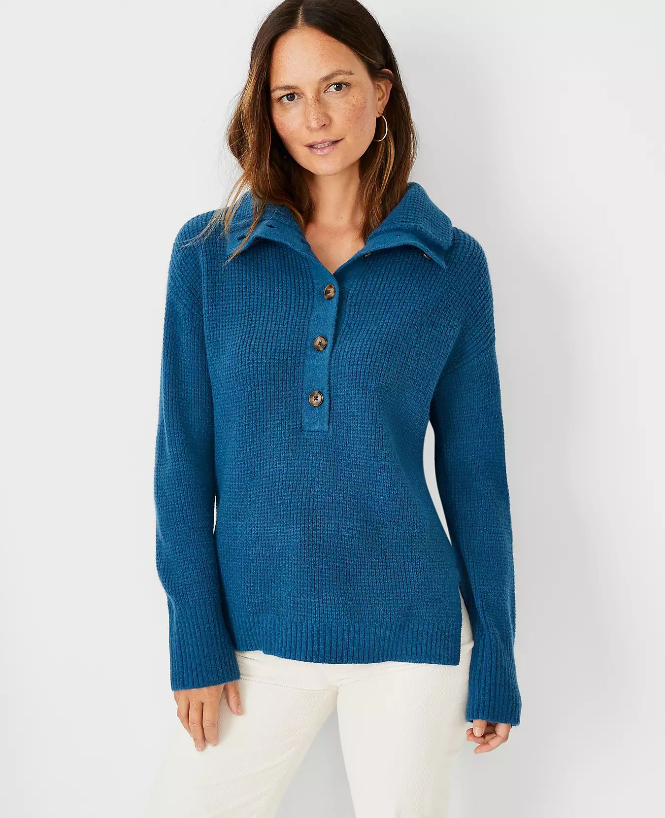 Waffle Stitch Button Tunic Sweater | Ann Taylor (US)