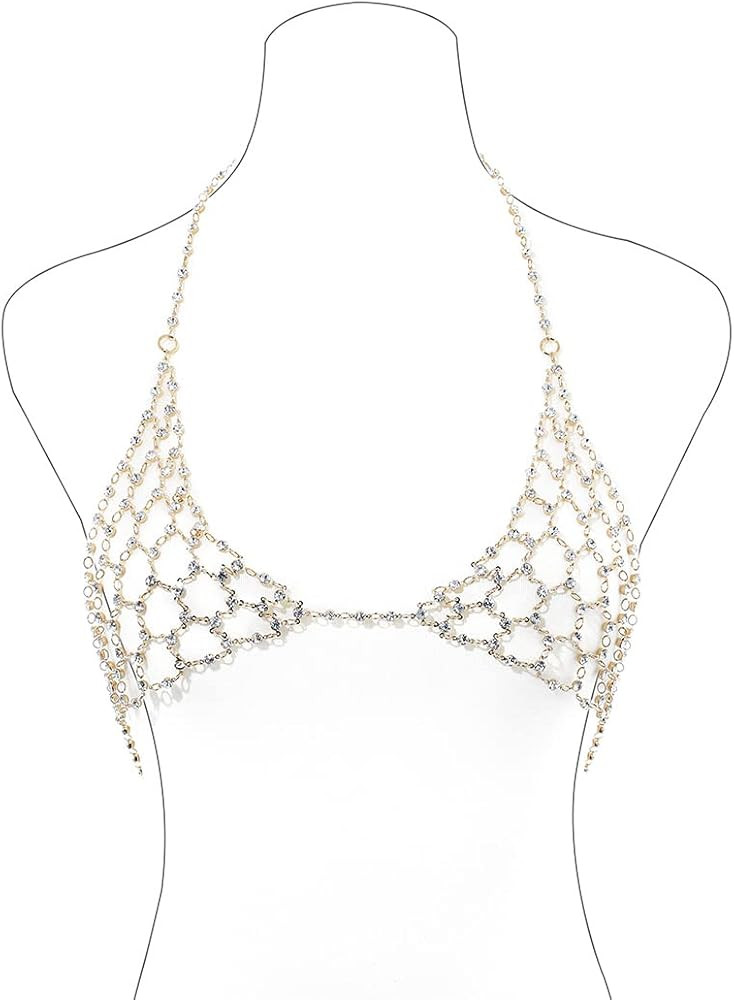 Salliy Rhinestone Body Chain Bra Gold Sexy Crystal Bralette Bikini Body Jewelry Beach Body Access... | Amazon (US)