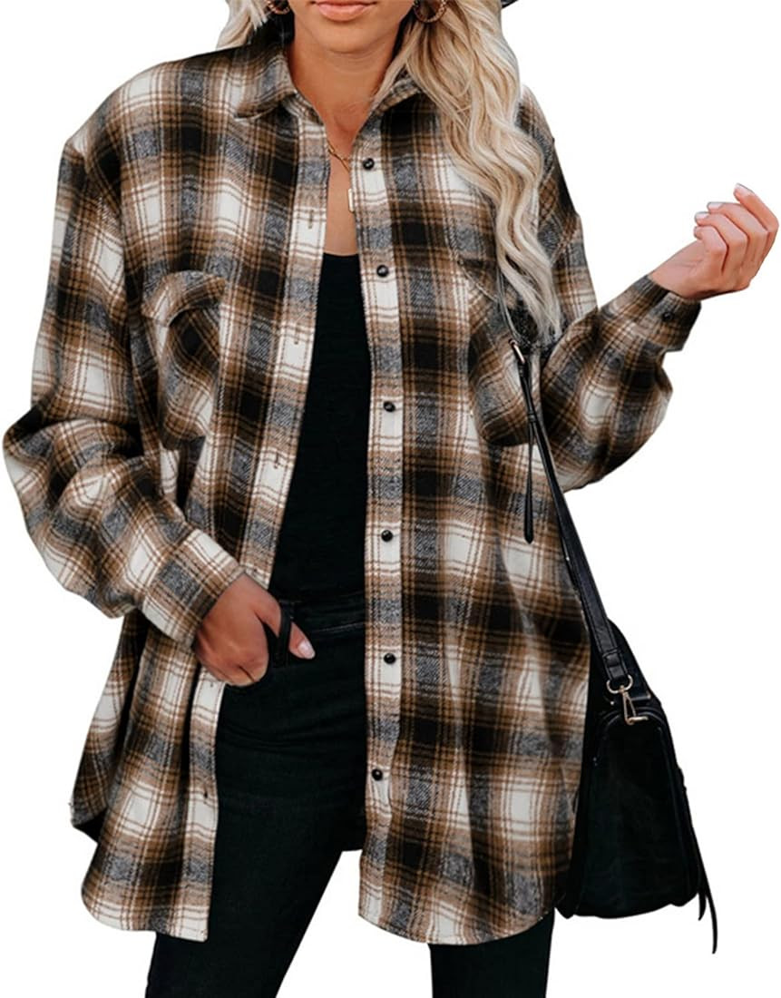 Ainangua Plaid Shirt for Women Oversized Tshirt Buffalo Plaid Shirts Womens Flannel Button Down Long | Amazon (US)