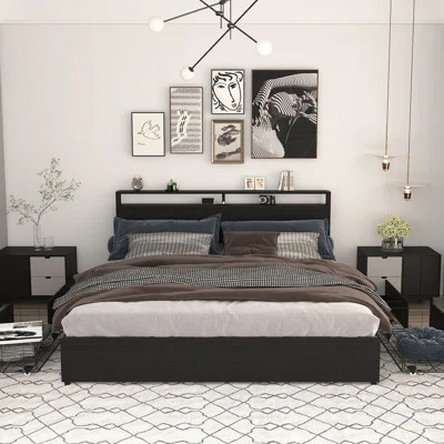 King Bed Frame, Storage Headboard with Charging Station, Solid and Stable, Noise Free, No Box Spring Needed, Easy Assembly | Wayfair North America