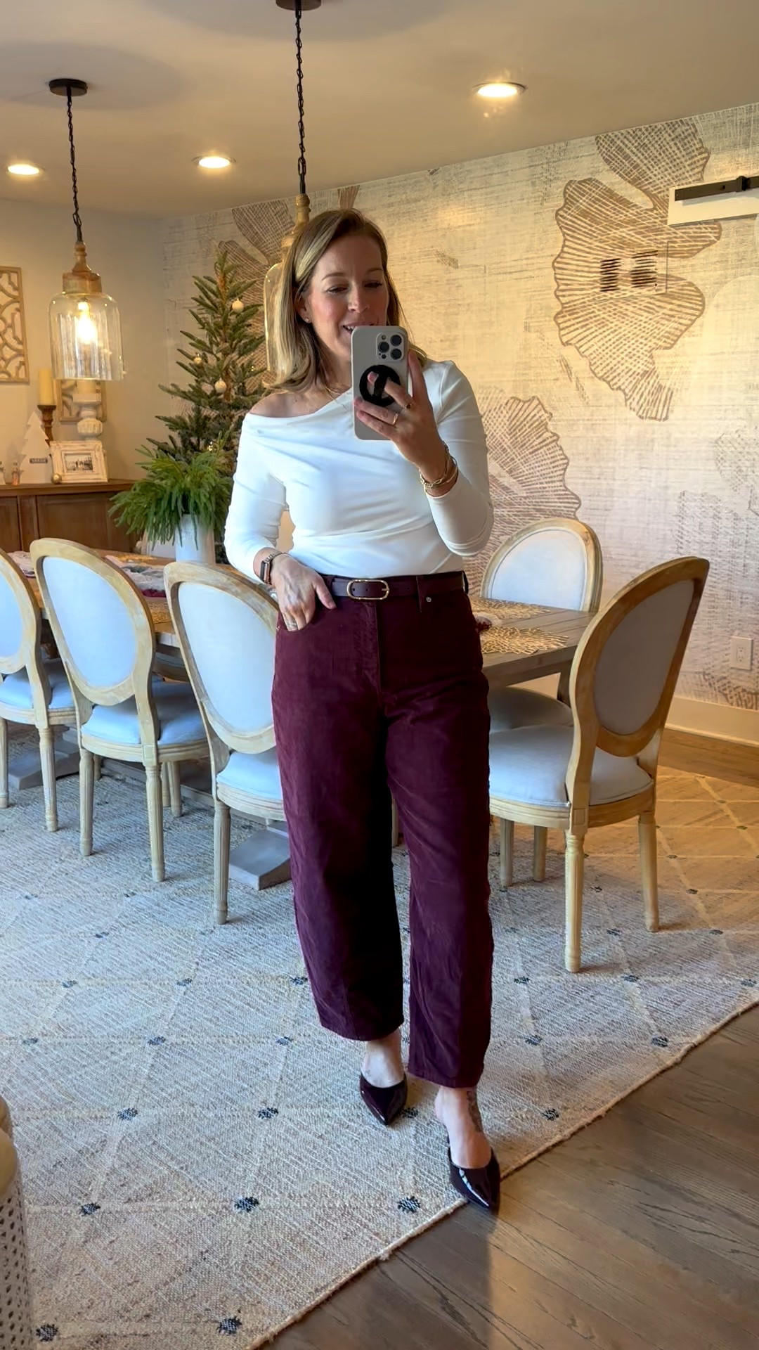 Christmas Eve Outfit! These burgundy corduroy pants felt right and are so comfy AND I got a million compliments on them! Size 10! Top is buttery soft and stretchy and the pretty asymmetrical neckline. Medium. Shoes are divine! Tts  

#LTKHoliday #LTKOver40 #LTKootd
