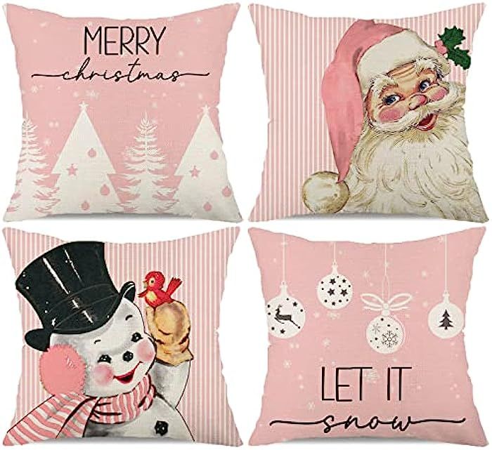 Christmas Decorations Pillow Covers 18x18 Set of 4 Pink Stripes Santa Snowman Snowflake Merry Chr... | Amazon (US)