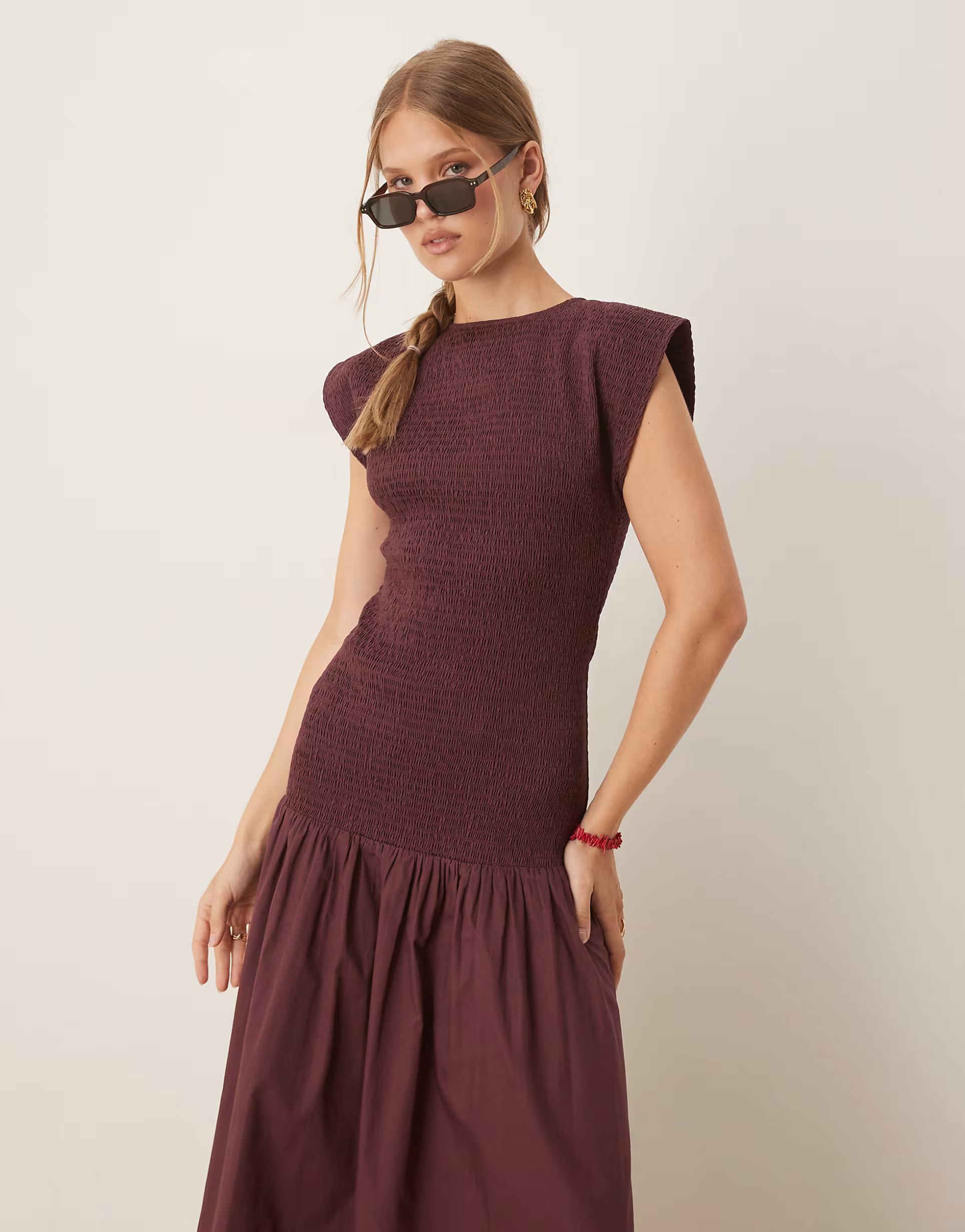 ASOS DESIGN high neck shirred maxi dress with dropped waist in deep grape | ASOS | ASOS (Global)