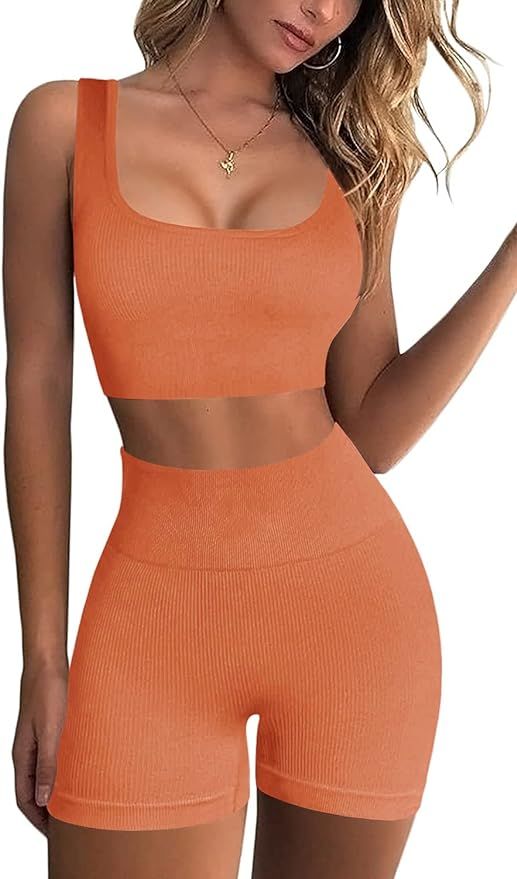 Workout Sets for Women 2 Piece High Waist Shorts Seamless Ribbed Crop Tank Set Yoga Outfits | Amazon (US)