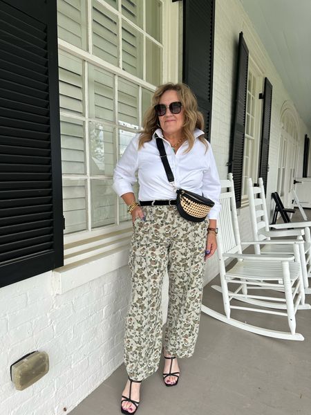 I love this hi-low look!

White blouse is no iron and stretch! I sized up to a 2.5. Gives me to option to wrap it in front. 

Linking some similar camoflauge jeans/pants for you to put this look together. Im wearing the Anthropologie Carson utility jeans. Not available. 

Add a cool bag and strappy sandal. A very chic look  

#LTKFindsUnder100 #LTKMidsize #LTKOver40