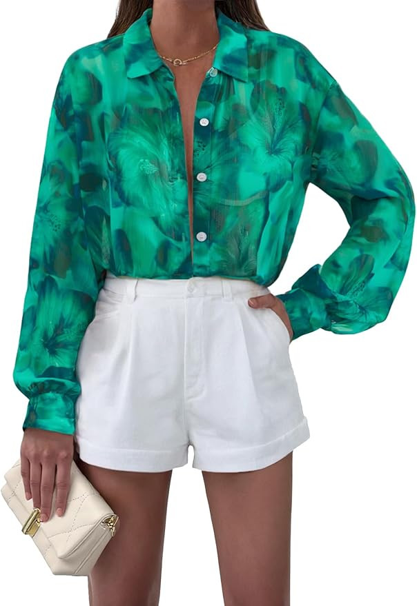 MEROKEETY Women's Summer Button Down Blouses Long Sleeve Tie Front Floral Boho Chiffon Shirt Tops | Amazon (US)