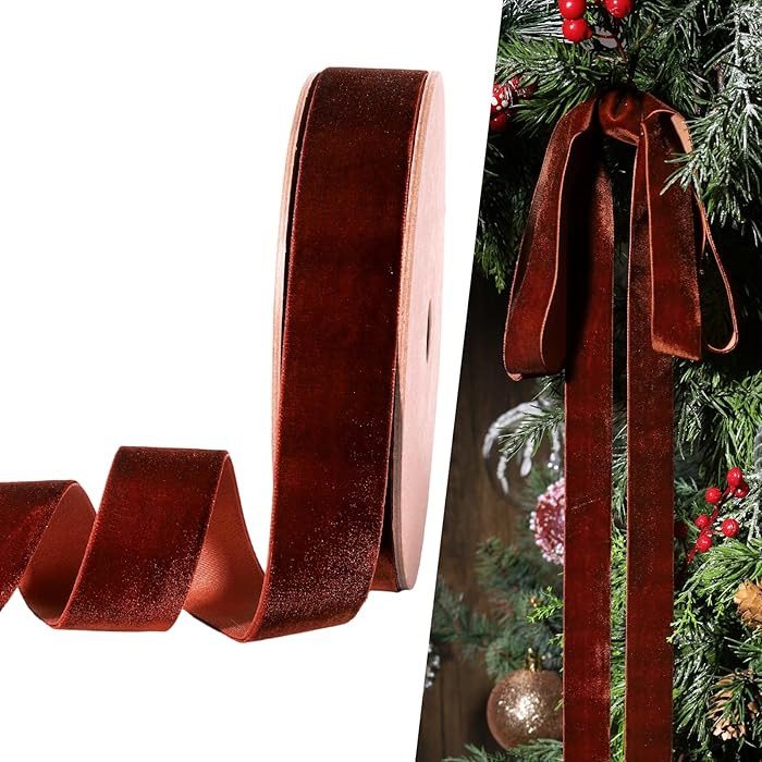 LaRibbons Brown Velvet Ribbon 1 Inch x 25 Yards Thin Velvet Ribbon for Christmas Tree, Gift Wrapp... | Amazon (US)