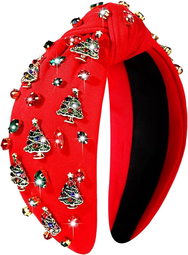 Christmas Headband for Women Jeweled Xmas Tree Headband Embellished Crystal Pearl Knotted Headban... | Amazon (US)