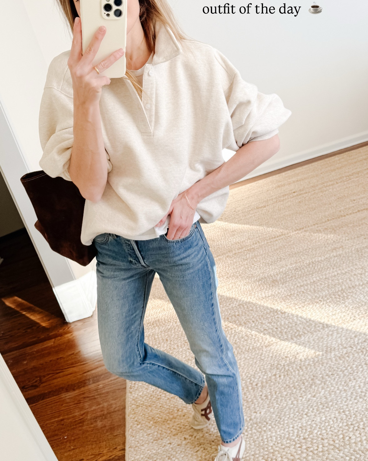 Happy Thursday! Easy everyday mom outfit today. 

I just love the morning sun so much. I now own this @rumored airport sweater in navy, Merlot and this new Oat. It’s such a great sweatshirt for bopping around town or traveling  

Sizing notes: Rumored Sweater: S/M. (Note: this sweater features hybrid sizing. I am usually a small and the S/M gives me a nice oversized look by design). Levi's 501 Original Jeans (25/30). They're great denim but like a lot of premium denim, they're a bit rigid so if you're between, size up 1. Harley white tee: small.

#LTKSeasonal #LTKmomlife #LTKootd