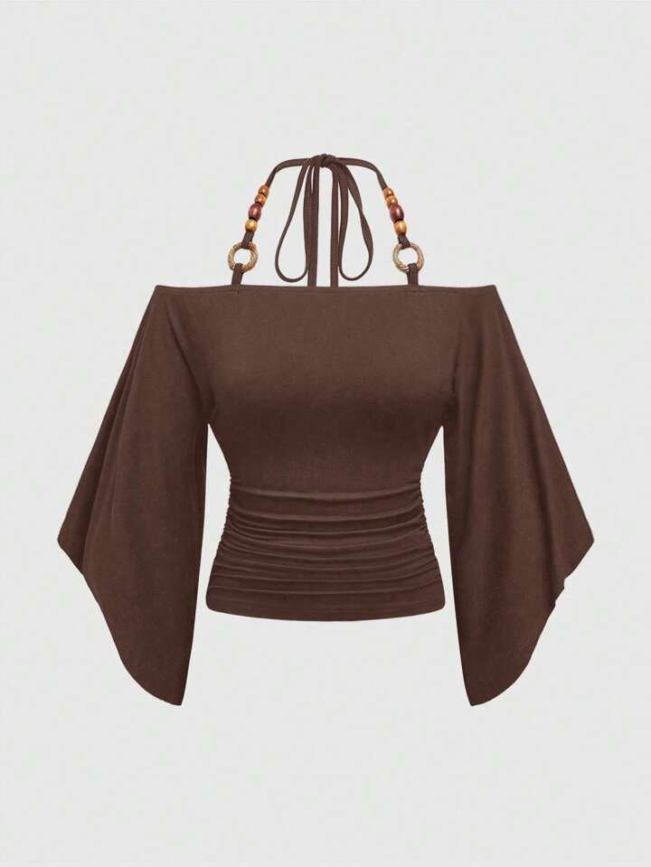 ROMWE Hippie Vintage Loose Off-Shoulder Wooden Bead Decor Bat-Wing Sleeve T-shirt | SHEIN