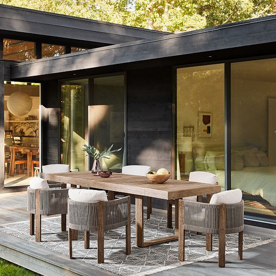 Portside Outdoor 76.5 in Rectangle Dining Table, Driftwood + 6 Porto Dining Chairs, Driftwood | West Elm (US)