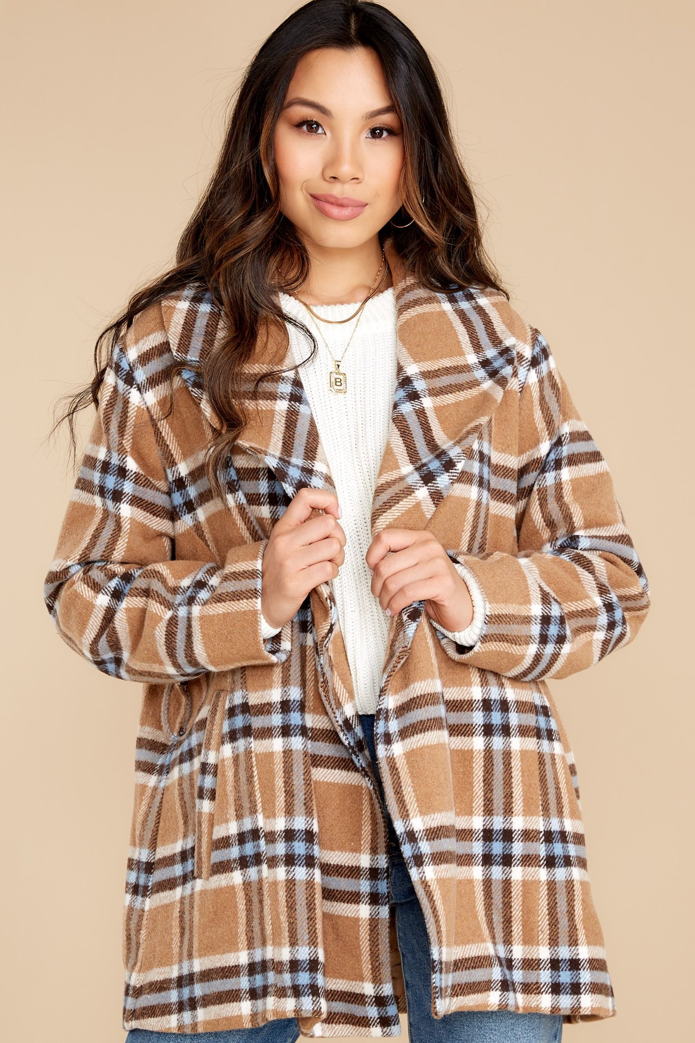 Way To Go Light Brown Plaid Coat | Red Dress 