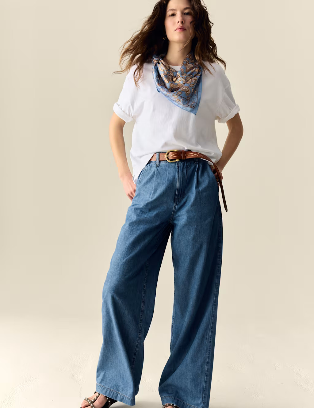 Denim High Waisted Pleat Front Wide Leg Jeans | Marks & Spencer (UK)