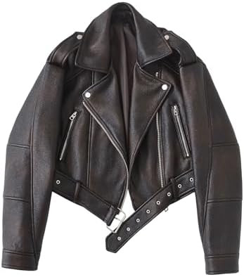 LY VAREY LIN Women Faux Leather Cropped Jacket Lapel Zipper Biker Short Coat with Belt | Amazon (US)