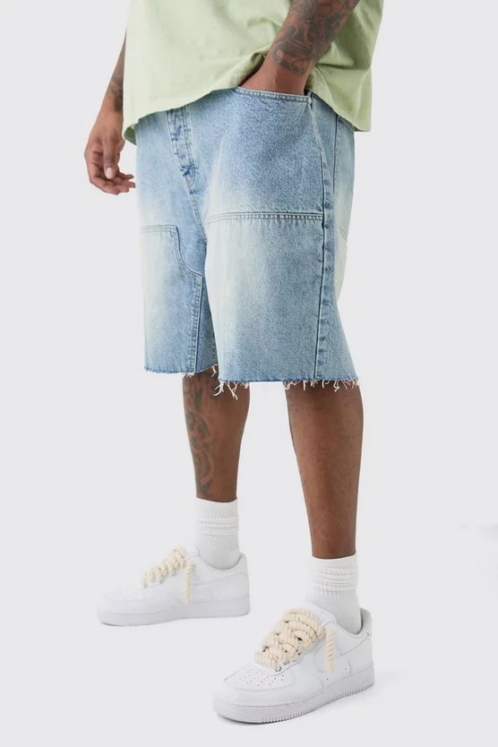 Plus Raw Hem Rigid Denim Carpenter Shorts In Light Wash | boohooMAN (US & Canada)