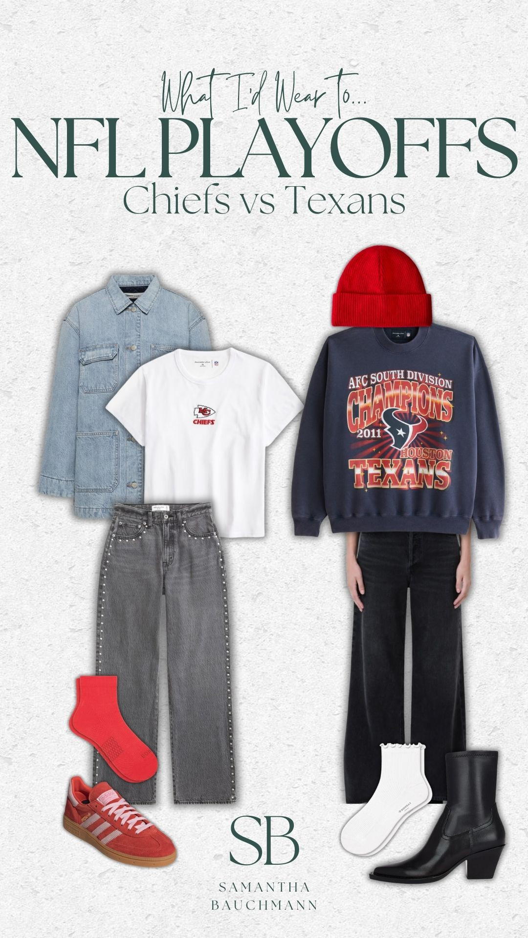What I'd wear to an NFL play off game: Chiefs vs Texans 🏈 

outfit idea, NFL game outfit idea, tall girl friendly fashion, abercrombie, abercrombie sale, casual style, on cloud sneakers, neutral sneakers, bombas socks, sale, sale alert, blazer, boy mom, mom of 4, Samantha Bauchmann 

 #LTKWatchNow #LTKSeasonal #LTKFindsUnder100