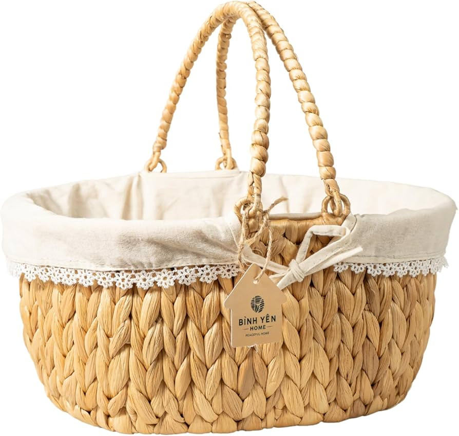 Wicker Basket with Handles and Lining, Handwoven Water Hyacinth Picnic Hamper, Oval Basket for Ca... | Amazon (US)