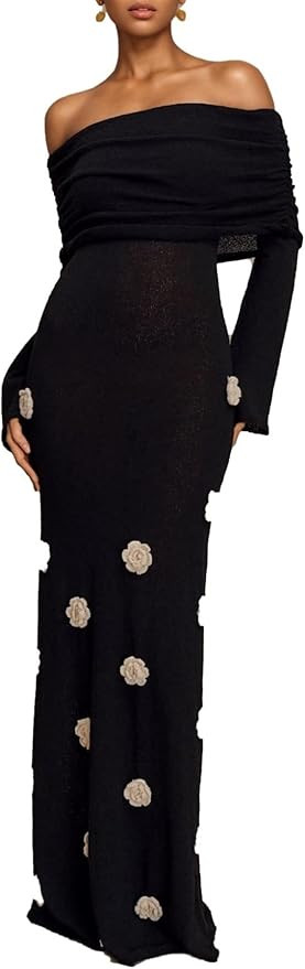 Unybwonn Women Sexy Off Shoulder Crochet Maxi Dress Bodycon Stretchy Mesh Knit Dress Long Sleeve ... | Amazon (US)