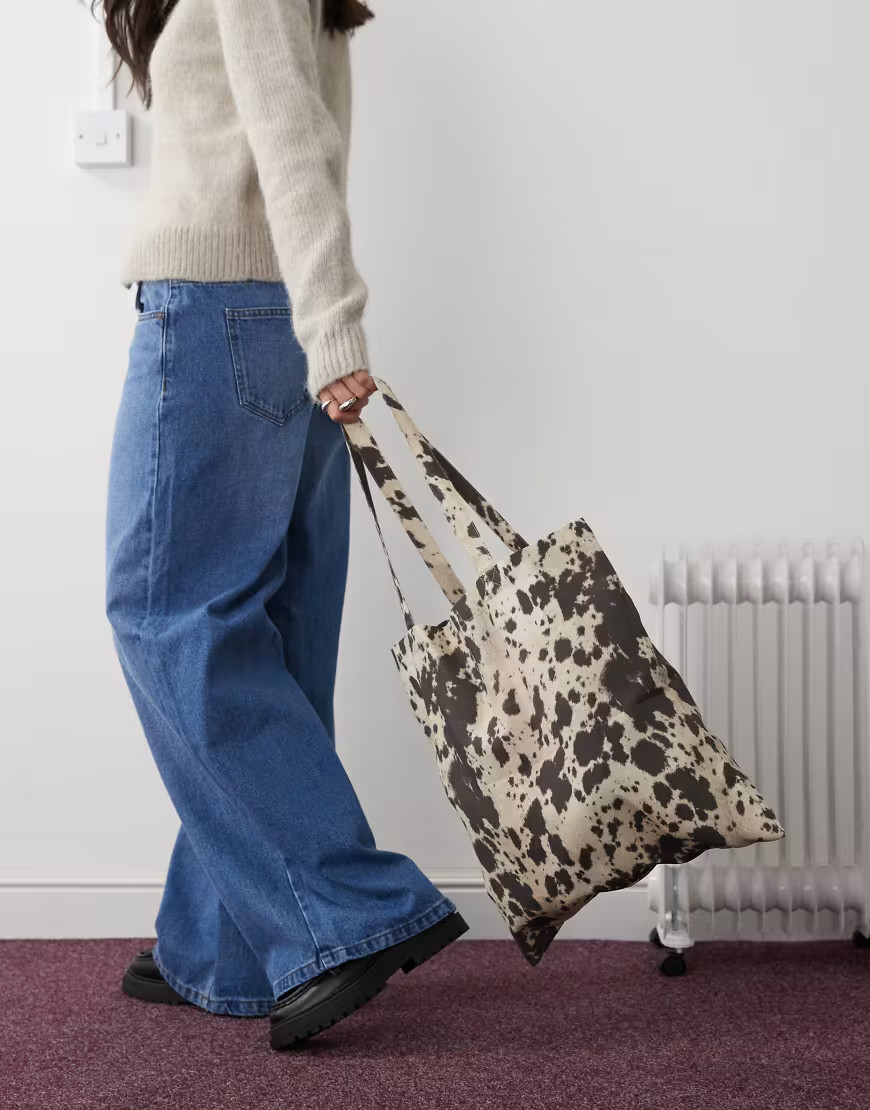 Monki tote bag in brown cow print | ASOS (Global)