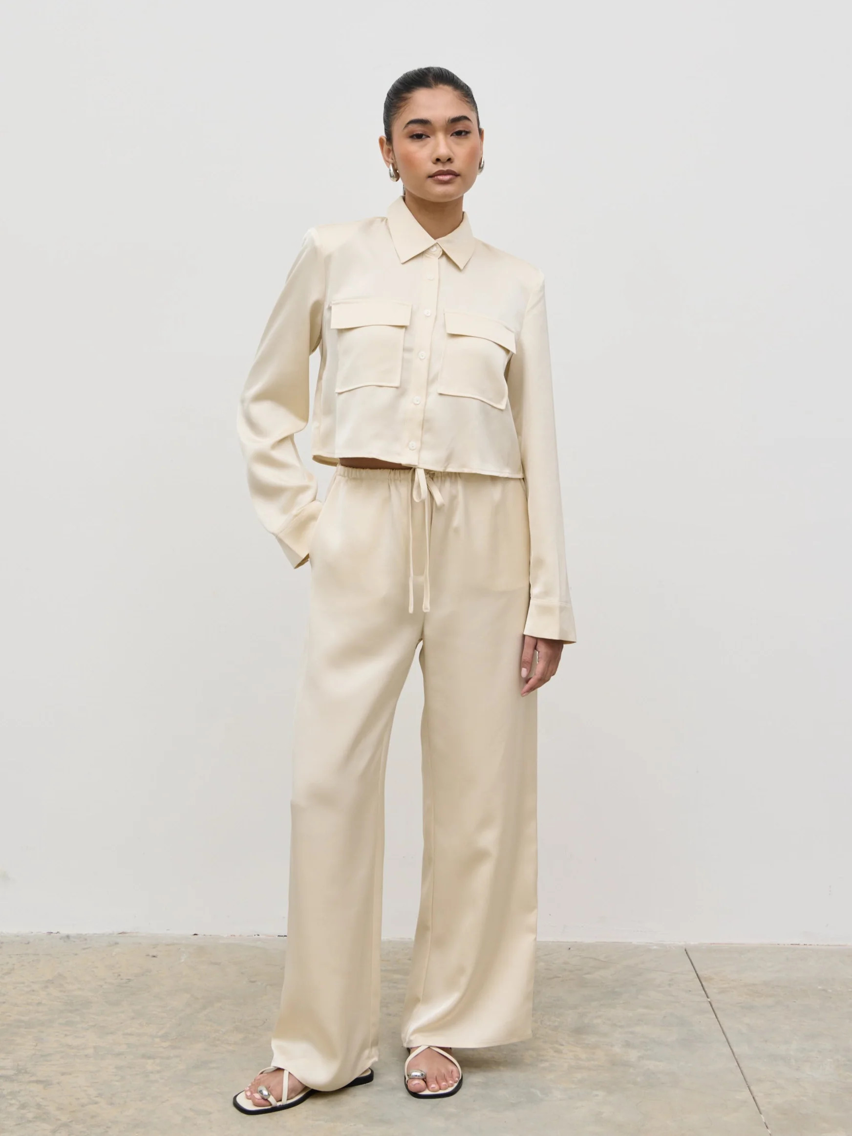 Breya Satin Drawstring Trousers - Oyster | Pretty Lavish (UK)