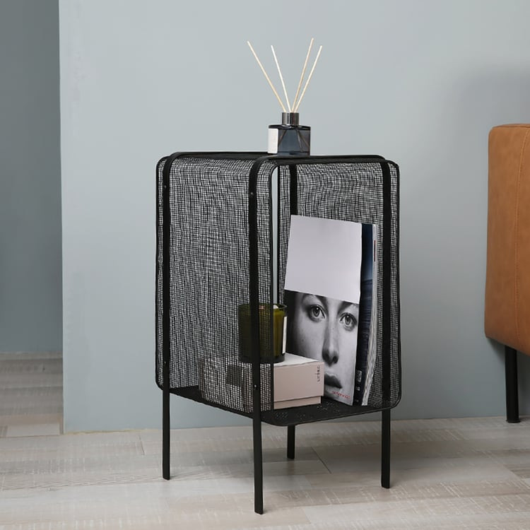 21" Modern Metal Rectangular Black Magazine Rack with Open Storage | Homary