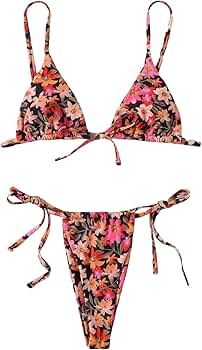 WDIRARA Women's Floral Print Tie Side Swimwear Straps Bikini Sets Swimsuits | Amazon (US)