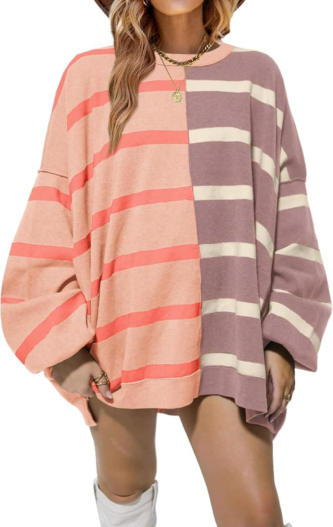 Fisoew Womens Striped Pullover Sweater Crew Neck Long Sleeve Knitted Color Block Casual Loose Lig... | Amazon (US)