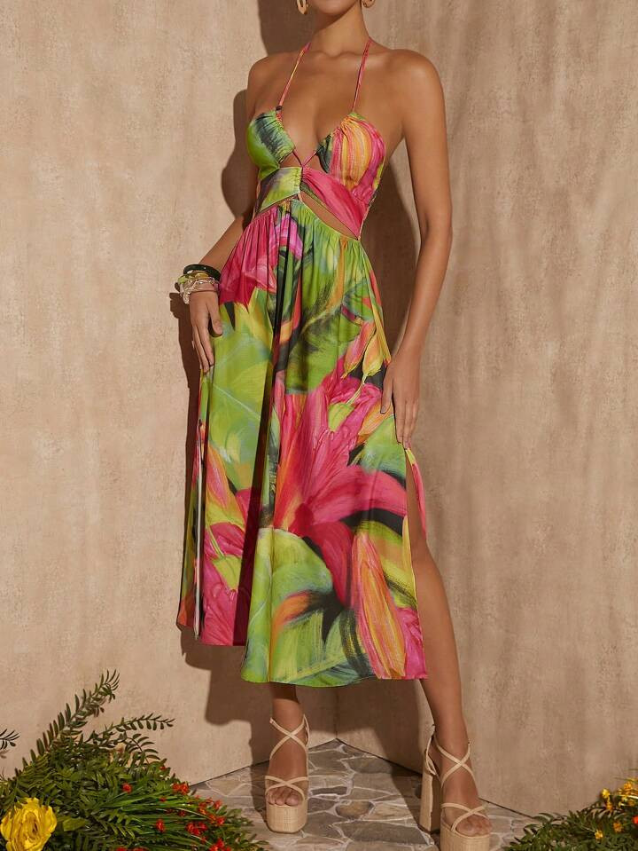 SHEIN VCAY Tropical Print Split Thigh Halter Dress | SHEIN