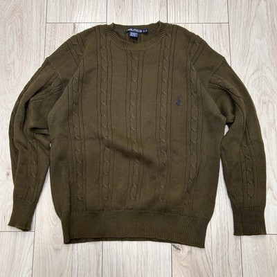 Vintage Nautica Men’s M Cable Knit Sweater Olive Green 100% Cotton Logo Crewneck | eBay US