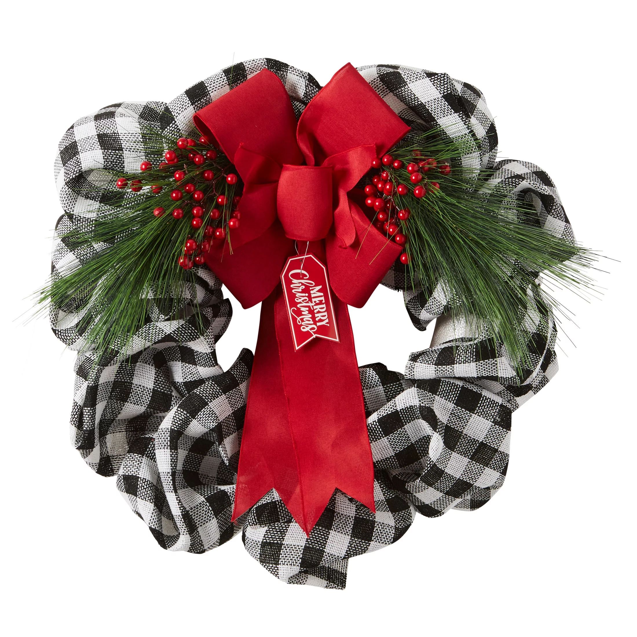Holiday Time 26-inch Pine Straw Christmas Wreath, Red Buffalo | Walmart (US)