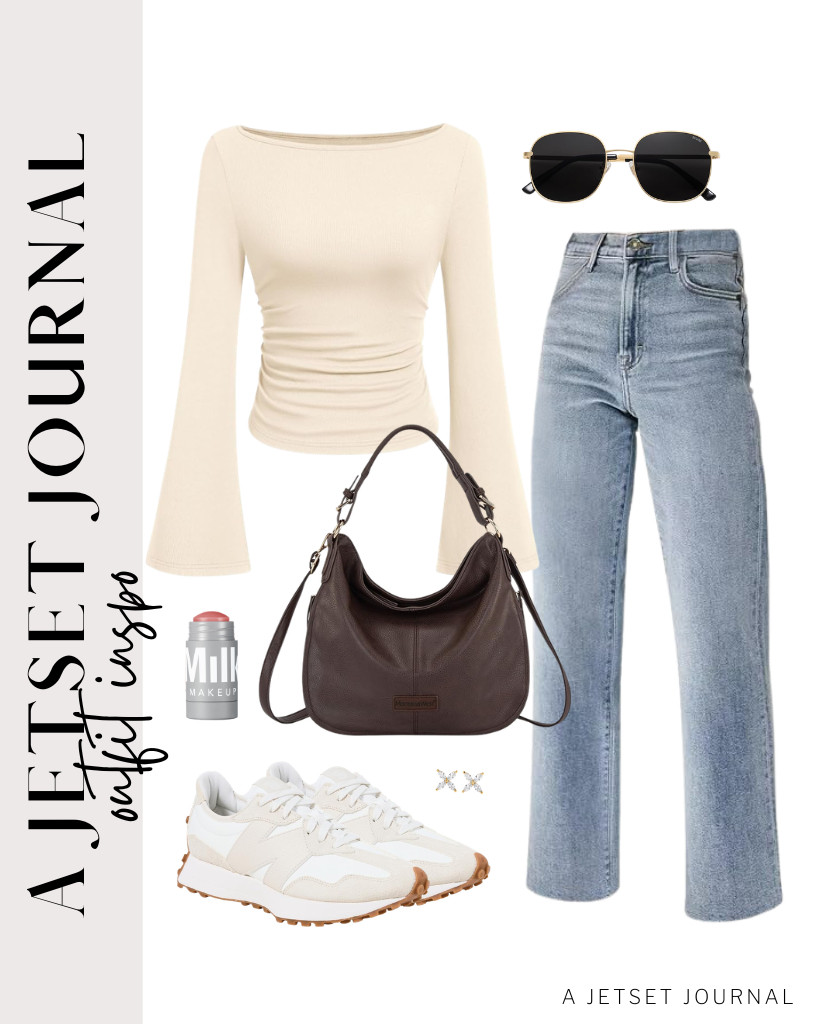 This beige long-sleeved ribbed knit top from PRETTYGARDEN paired with KDF straight-leg jeans is the first outfit to style. You can use this Montana West purse and wear a pair of New Balance 327 sneakers for this fit. These SOJOS classic sunnies are perfect for this look, too!

#LTKSeasonal #LTKSaleAlert #LTKTravel
 

 
