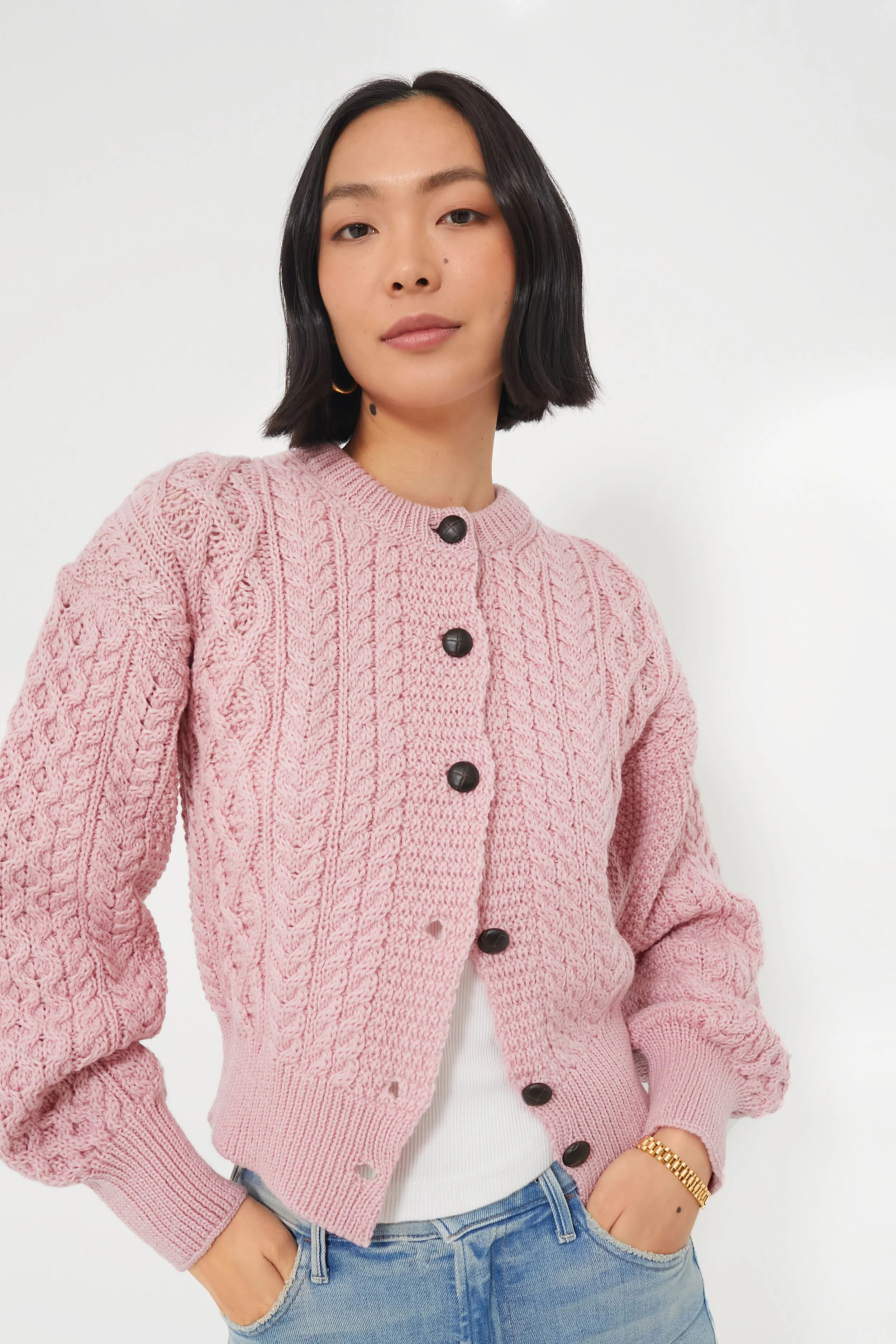Pale Pink Clover Cropped Aran Cardigan | Tuckernuck (US)
