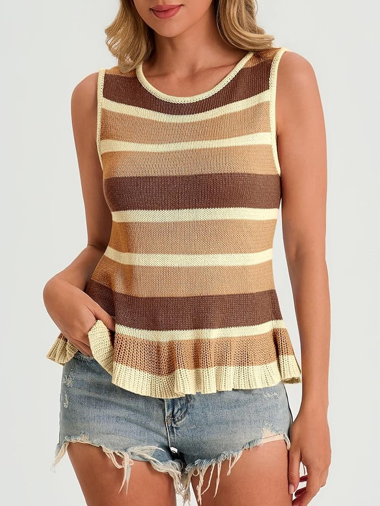 Cicy Bell Womens Striped Sweater Vest Summer Casual Sleeveless Ruffle Knit Tank Tops Crew Neck Lightweight Shirts | Amazon (US)