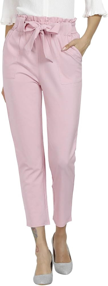 Women's Pants Casual Trouser Paper Bag Pants Elastic Waist Slim Pockets | Amazon (US)