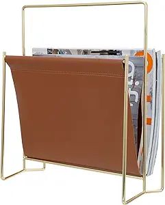 MyGift 13 inch Modern Caramel Leatherette Magazine Holder Floor Standing Sling Style Rack with Br... | Amazon (US)