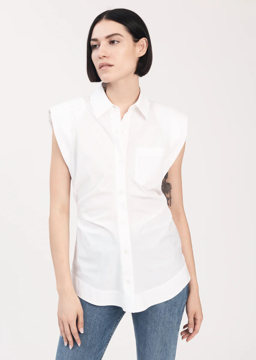 Ivy Sleeveless Ruched Button Down Shirt - White | Derek Lam