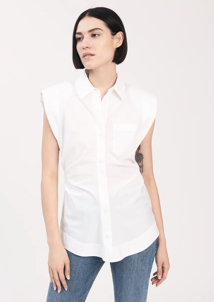 Ivy Sleeveless Ruched Button Down Shirt - White | Derek Lam