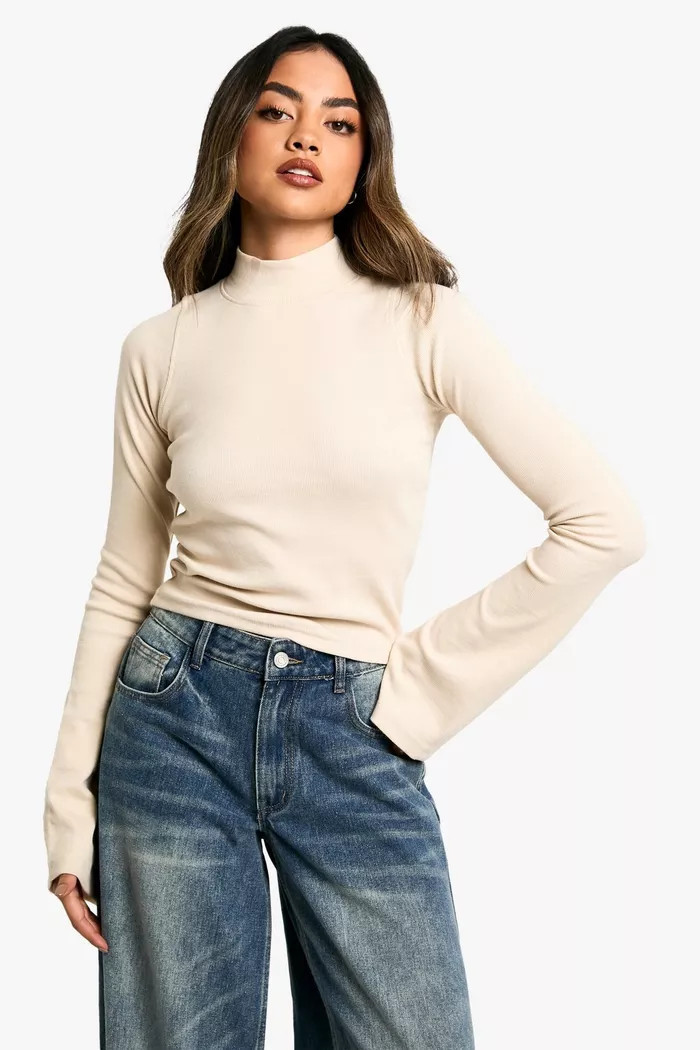 Flared Sleeve Rib High Neck Top | boohoo (US & Canada)
