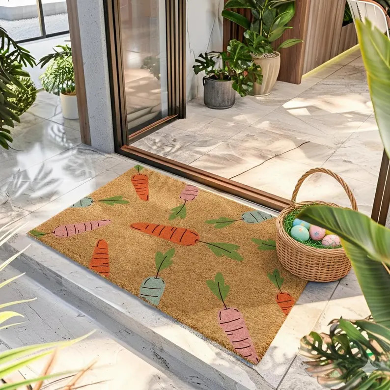 Pastel Carrot Pattern Doormat, Easter Bunny Spring Doormat, Cute Easter Welcome Mat, Colorful Spr... | Etsy (US)