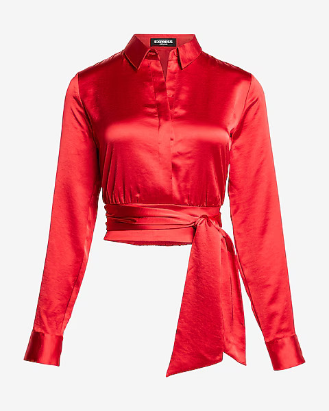 Satin Tie Front Banded Bottom Portofino Shirt | Express