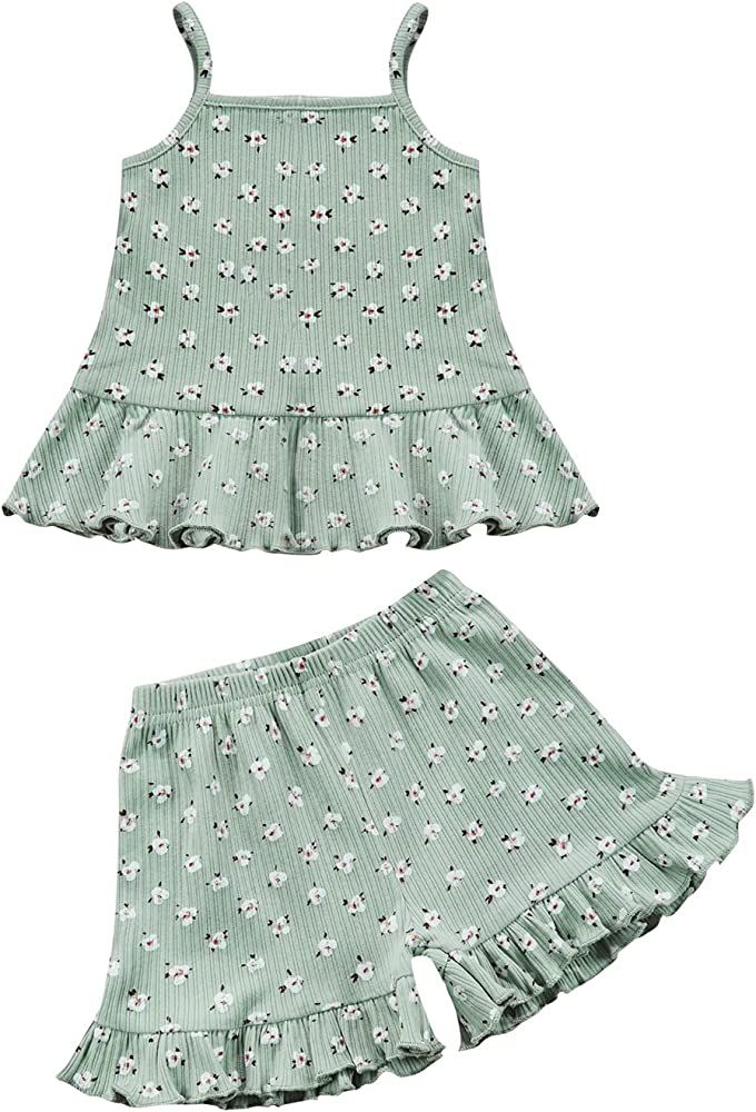 Toddler Baby Girl Floral Ruffled Outfits Set Strap Crop Tops+ Shorts Pants Summer Clothes Set | Amazon (US)
