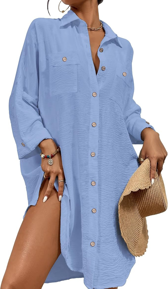 Bsubseach Womens Modern Swimsuit Cover Up Blouse Button Down Shirt Dresses Tops | Amazon (US)