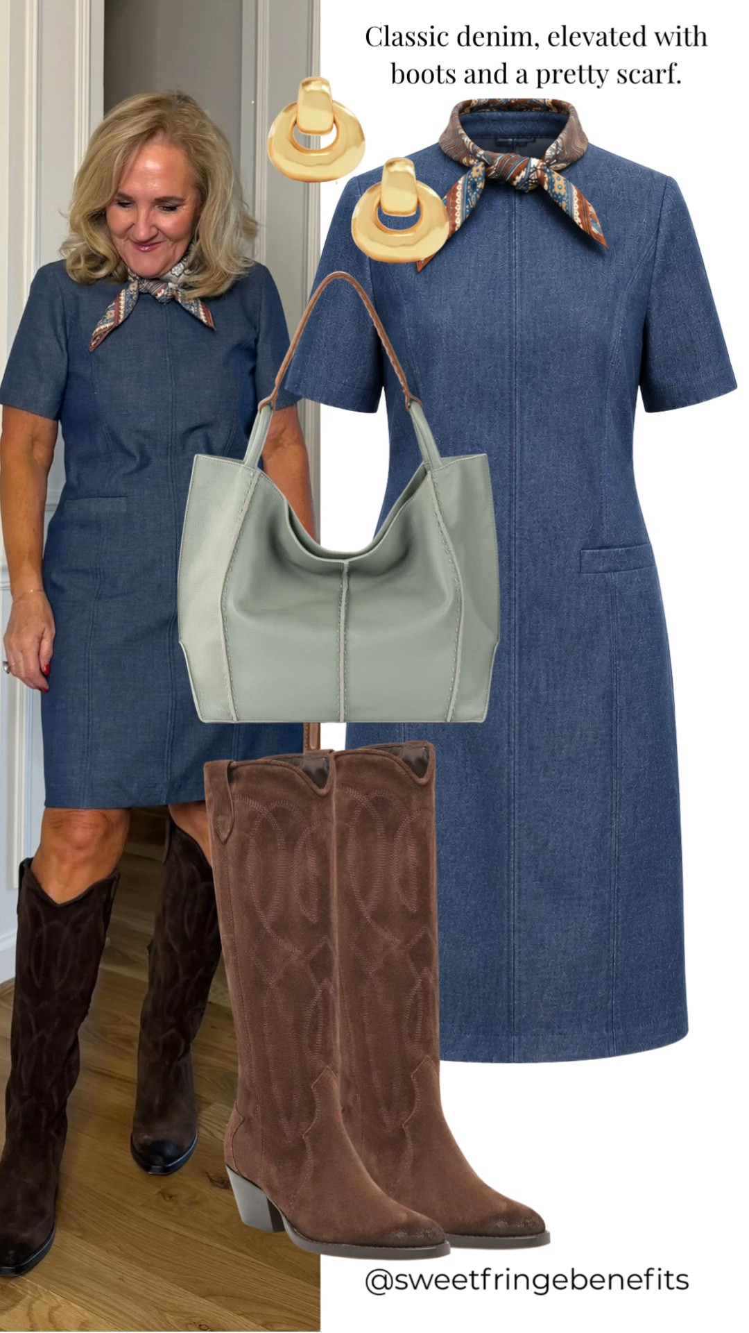 This classic denim dress gets an instant style upgrade with tall boots and a pretty printed scarf. The simple shift silhouette is polished and comfortable, making it an easy choice for lunch, shopping, or casual fall days.

💡 LTK MADE EASY
❤️ Heart = Support my posts!
🔖 Save = Get sale & restock alerts
📋 Lists = Keep favorites organized
📲 Share = Send lists and products to a friend. Hello, Christmas List!
💬 Comment = Ask me anything about what I'm wearing.:-)

#LTKootd #LTKgrwm #LTKOver40