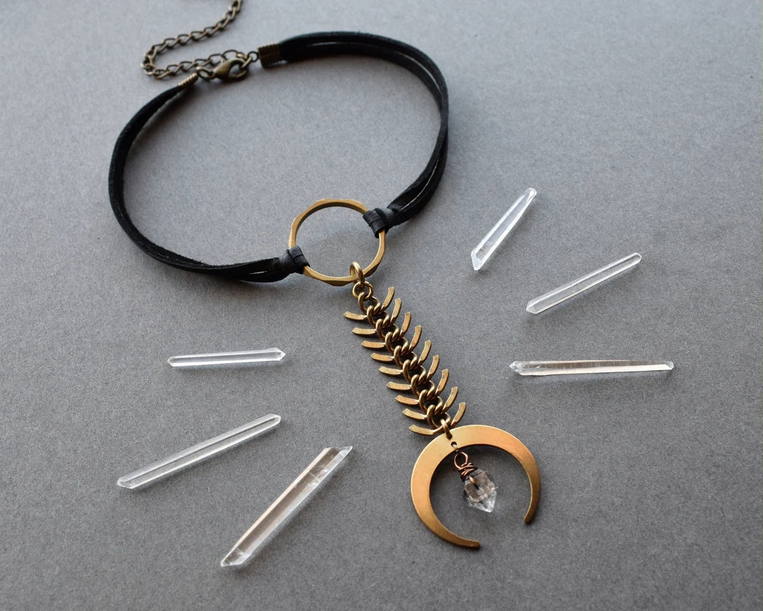 Crescent Moon Choker Necklace - Raw Herkimer Diamond Quartz Crystal Choker - Lunar Pagan Witchy J... | Etsy (US)