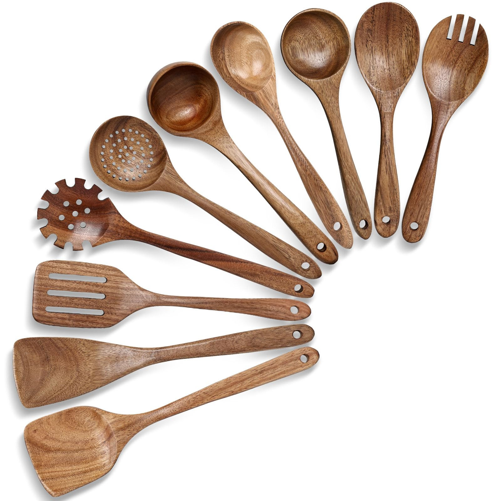HAKSEN Wooden Spoons for Cooking, 10PCS Natural Acacia Wood Kitchen Utensils Set, Wooden Utensil ... | Amazon (US)