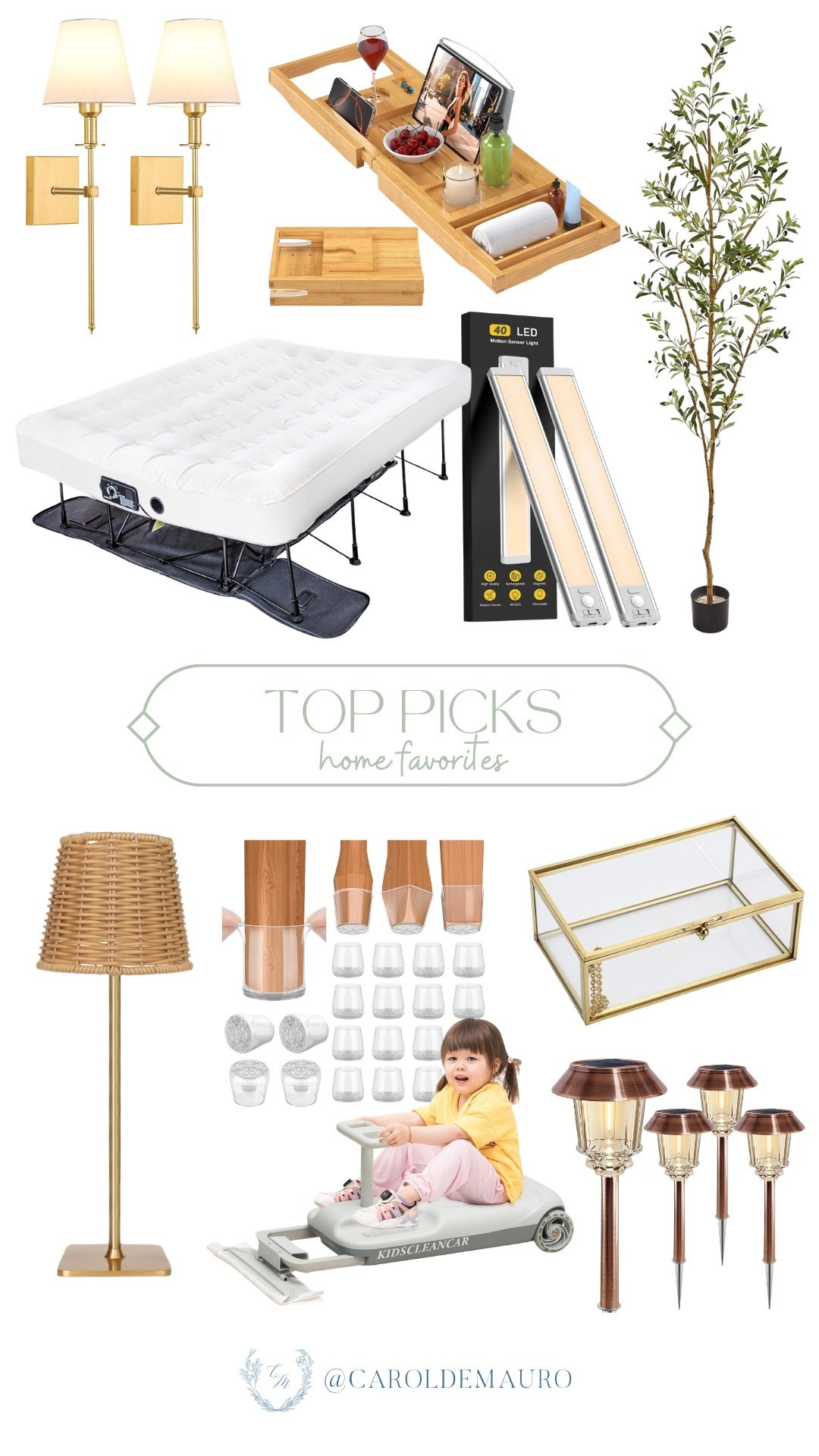 A lot of you have asked me what are my top home favorites, so here's a roundup of all of them! Check out this inflatable bed, beautiful sconces, LED lights, floor protector, patio lights, a faux olive tree plant, and a portable go-kart race car mop.

amazon home, affordable decor, top picks, living room finds, entryway inspo, jewelry organizer, lighting fixtures, home accents

#LTKSeasonal #LTKU #LTKHome