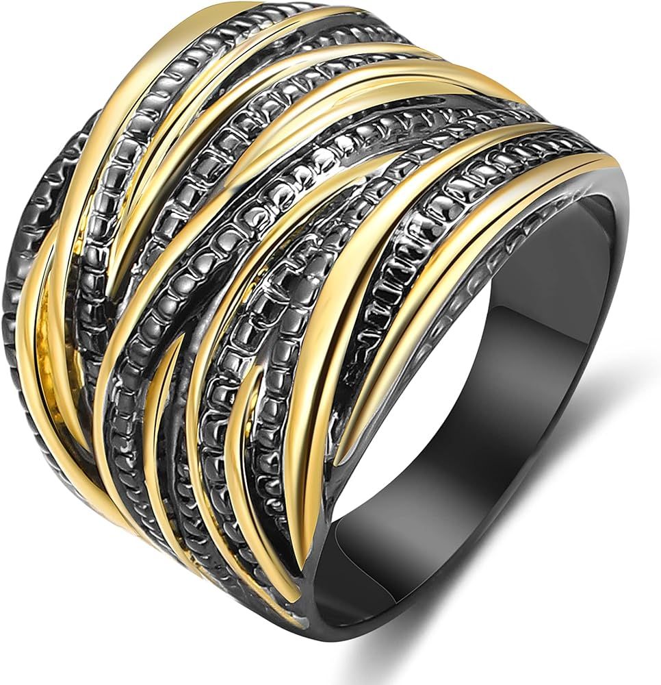 Mytys 2 Tone Intertwined Crossover Statement Ring Fashion Chunky Band Rings for Women Black Gold ... | Amazon (US)