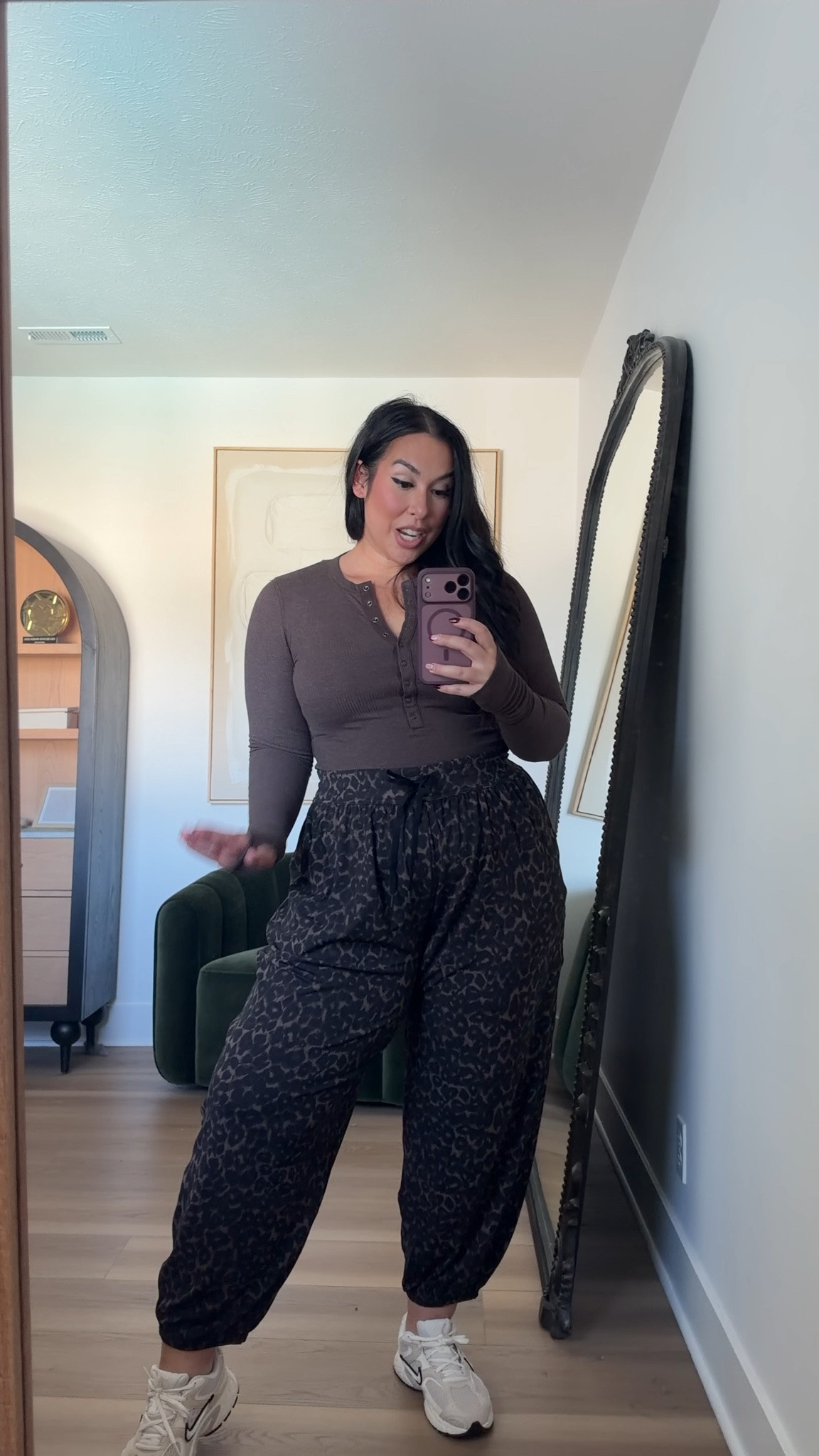 These leopard joggers are everything! They are so soft and stretchy making them soft belly approved! I also am loving this sassy brown henley. Wearing an XL on the bottom and a L on top. Also, American Eagle is having 40% off all jeans from now until Monday! Midsize, midsize fashion, fall fashion, american eagle, sale 

 #LTKSeasonal #LTKMidsize