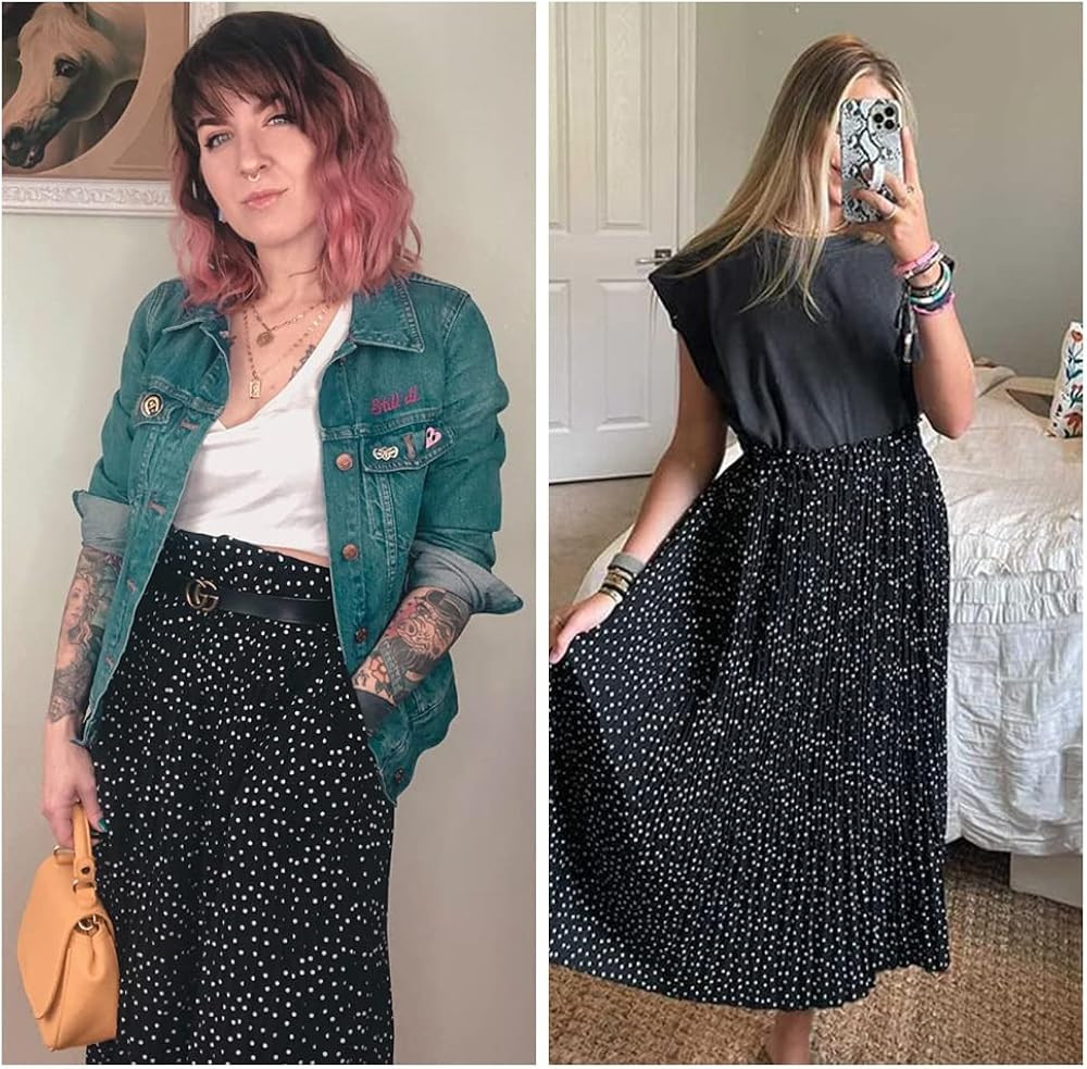 EXLURA Womens High Waist Polka Dot Pleated Skirt Midi Swing Skirt with Pockets | Amazon (US)